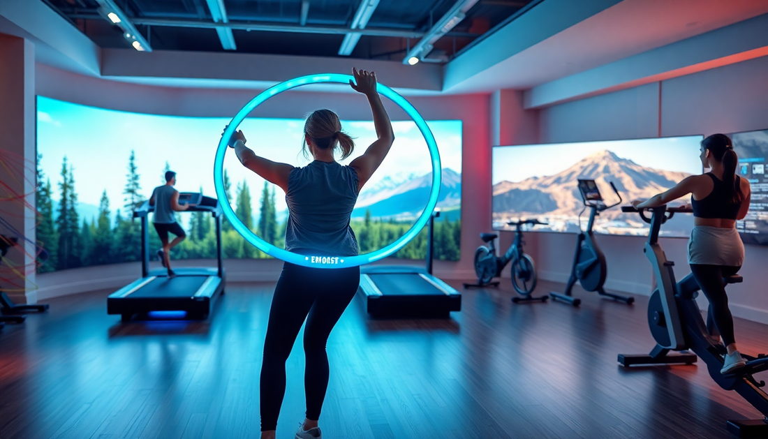 A modern fitness studio featuring the top 5 weight loss equipment of 2025, including a smart weighted hula hoop