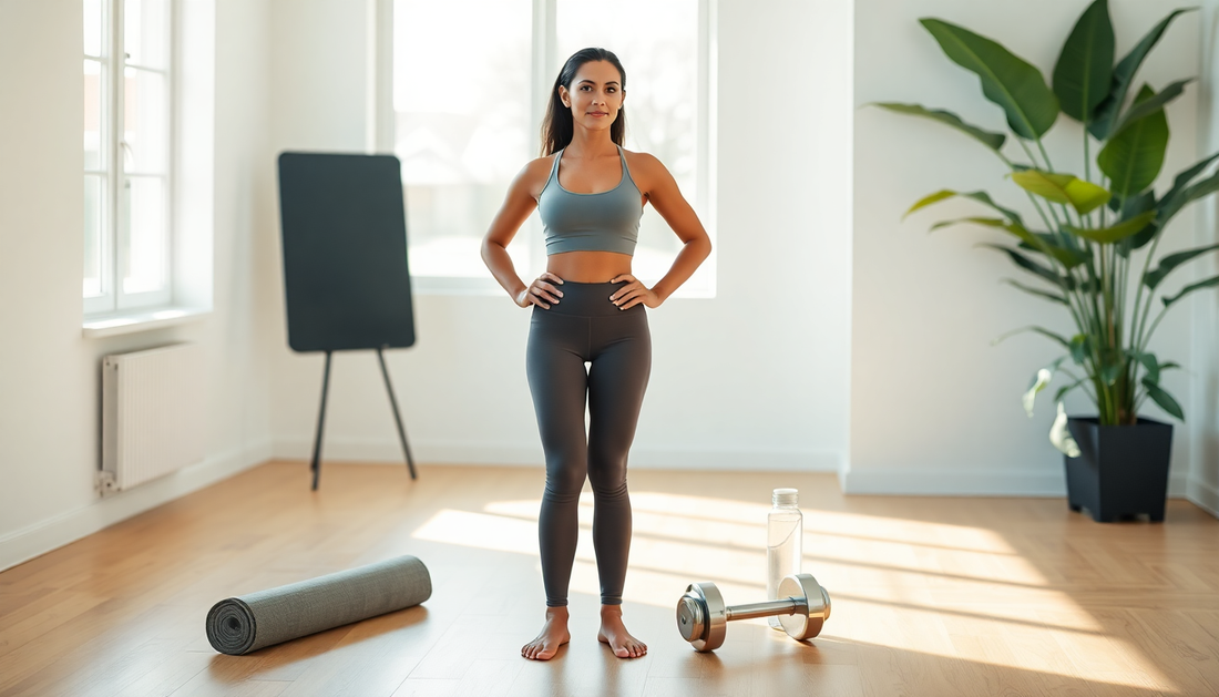 Woman using the Keyoung Pelvic Floor Muscle Trainer in a bright home gym, highlighting its sleek design and fitness benefits.