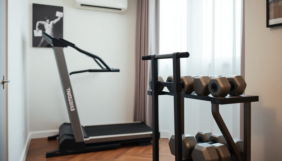 Compact home gym setup featuring foldable treadmill, adjustable dumbbells, and EVERSTRONG T Bar Row Attachment in a minimalist small apartment.