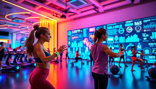 Futuristic fitness scene featuring advanced wearable devices, smartwatches, and innovative bangle-designed ankle weights used during yoga.