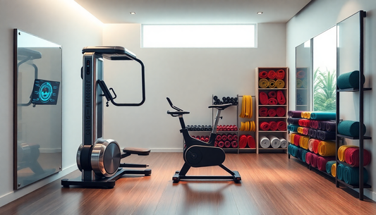 Modern home gym featuring smart fitness equipment, an eco-friendly bike, and an organized storage rack for a clutter-free setup.