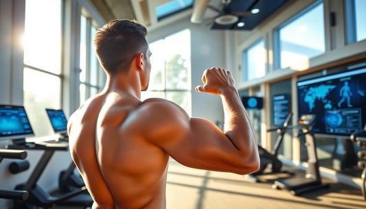 A fitness enthusiast performing triceps exercises with the Vikingstrength Triceps Rope in a futuristic home gym