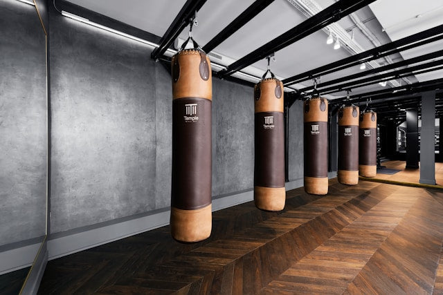 Punching Bags are gathered in the room.