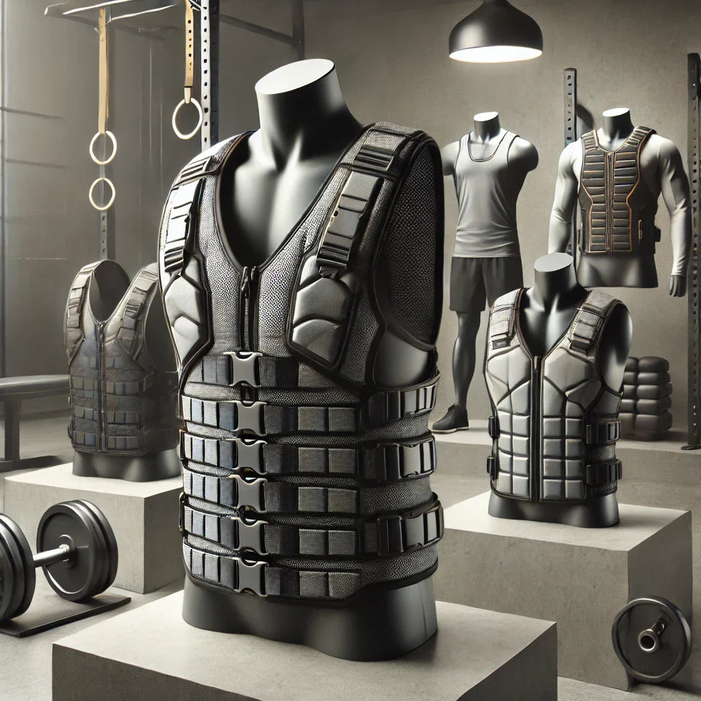 Weight Vests are gathered in a gray room.