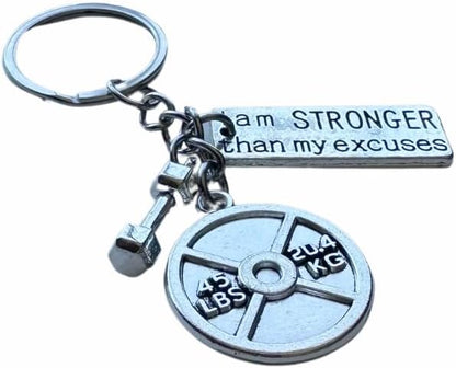 45 Lbs Weightlifting plate + Small Dumbbell + Motivational tag (No excuses, Beast, Mind Over Matter, etc) Silver Keychain.