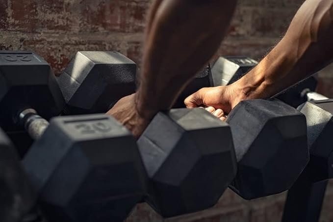 Signature Fitness Rubber Encased Hex Dumbbell with Rack