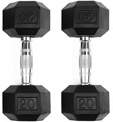 Gymenist Set of 2 Hex Rubber Dumbbell with Metal Handles, Pair of 2 Heavy Dumbbells (20 Lb), Black, Silver (6533644)