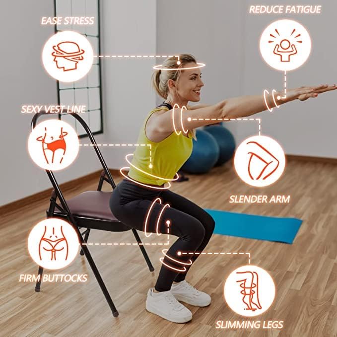 Yoga Auxiliary Chair Portable Folding Yoga Chair with Non-Slip Feet Covers for Flexibility and Strength Training with Resistance Belt, Brown