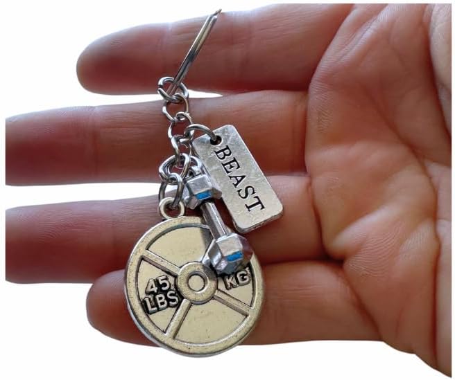 45 Lbs Weightlifting plate + Small Dumbbell + Motivational tag (No excuses, Beast, Mind Over Matter, etc) Silver Keychain.