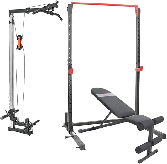 Sunny Health & Fitness Essential Adjustable Power Rack Squat Stand with J-Hooks, Adjustable Pull Up Bar, Weight Plate Holders, Resistance Band Posts Optional Incline Bench, LAT Pull Down Attachment