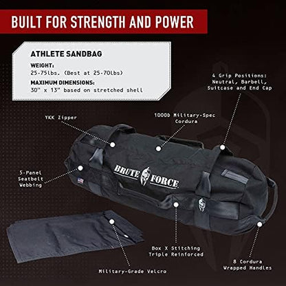 Brute Force Athlete Sandbag, Adjustable, Weighted Heavy Bag, Workout Equipment for Home Gym, Strength Training and Weight Lifting, Sandbags for Working Out, Made in USA, Desert Coyote, 25-75 lbs