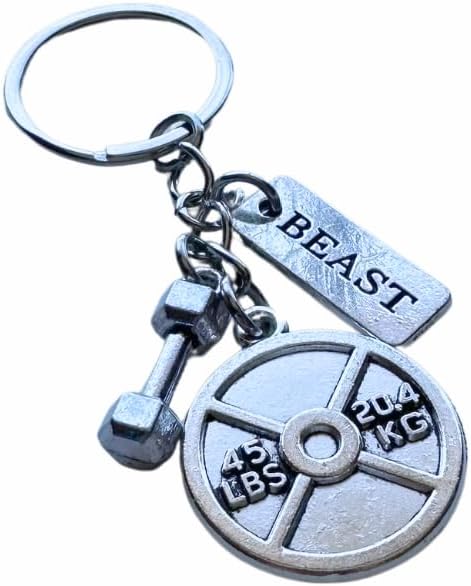 45 Lbs Weightlifting plate + Small Dumbbell + Motivational tag (No excuses, Beast, Mind Over Matter, etc) Silver Keychain.