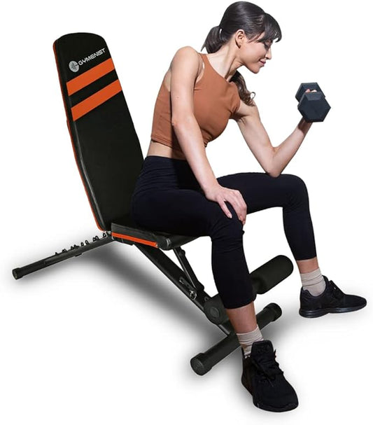 Gymenist Exercise Bench Adjustable Foldable Compact Workout Weight Bench Easy To Carry NO ASSEMBLY NEEDED, Black-Orange (FOLD-110B)