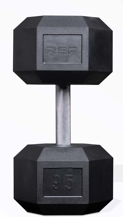 Rep Fitness Rubber Hex Dumbbell(s) - Singles (55LB +) and Pairs (5LB - 50LB) - Low Odor, Fully Knurled Handle