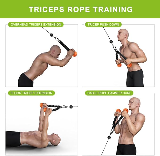 SELEWARE Triceps Rope with Non-Slip Soft Rubber Ends Home Gym Cable Attachment Workout Accessories 28 & 36 inches Long LAT Pulldown attachment Black and Oranger