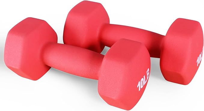 Signature Fitness Neoprene Dumbbell Hand Weights, Anti-Slip, Anti-roll, Hex Shape Colorful, Pair or Set with Stand