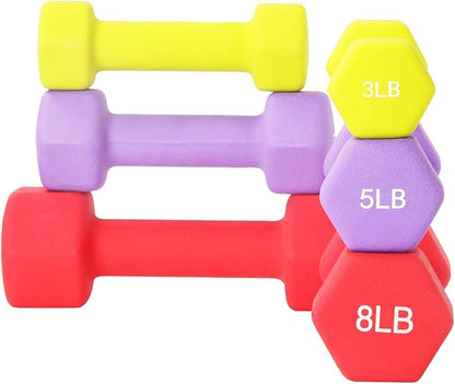 LANGXUN Colored Neoprene Coated Dumbbell Set with Rack 32Lb Set, 3 Lb 5 Lb 8 Lb