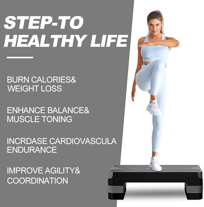 Aerobic Exercise Step, Adjustable Aerobic Stepper for Exercise, Workout Step Platform for Step Up, 26.5" Step Deck with 4” 6” 8” Adjustable Height Risers, Women Home Gym Cardio Fitness