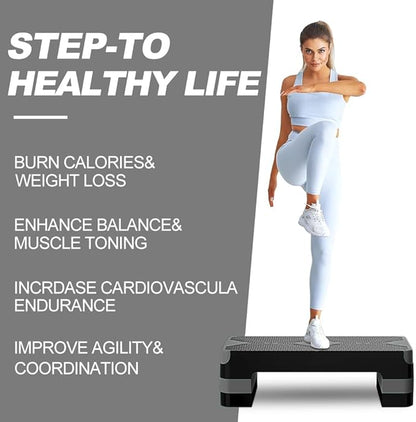 Aerobic Exercise Step, Adjustable Aerobic Stepper for Exercise, Workout Step Platform for Step Up, 26.5" Step Deck with 4” 6” 8” Adjustable Height Risers, Women Home Gym Cardio Fitness