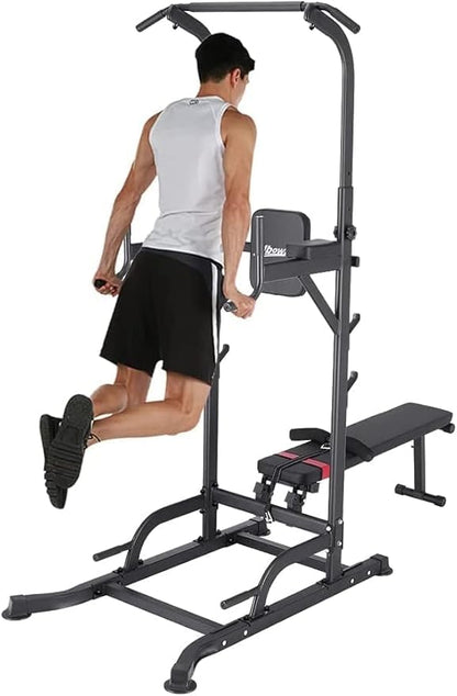 Uboway Pull Up Dip Station, Power Tower with Weight Bench, Dip Machine with Adjustable Heights, Pull Up Bar Free Standing, Strength Training Workout Equipment Fit Home Gym