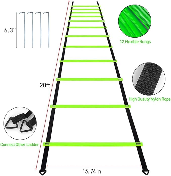 Pro Speed & Agility Training Set—Includes 12 Rung 20ft Adjustable 12 Disc 4 Steel 1 Resistance