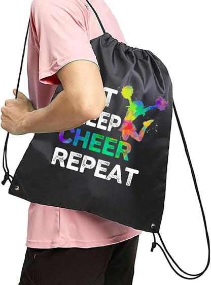 Haizct Eat Sleep Cheer Repeat Cheerleaders Drawstring Backpack, Cheerleading Drawstring Gym Bag for Cheerleaders, String Backpack Gym Sports Sack Bag Cheerleading Gifts for Woman