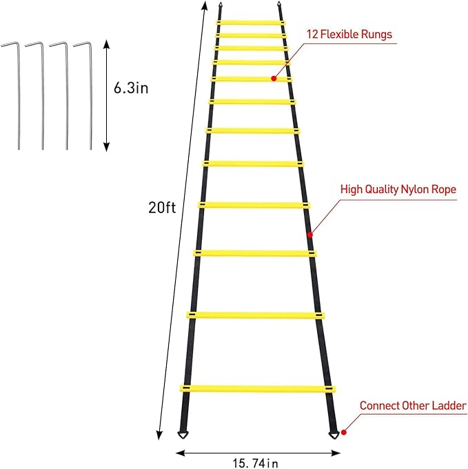 Pro Speed & Agility Training Set—Includes 12 Rung 20ft Adjustable 12 Disc 4 Steel 1 Resistance