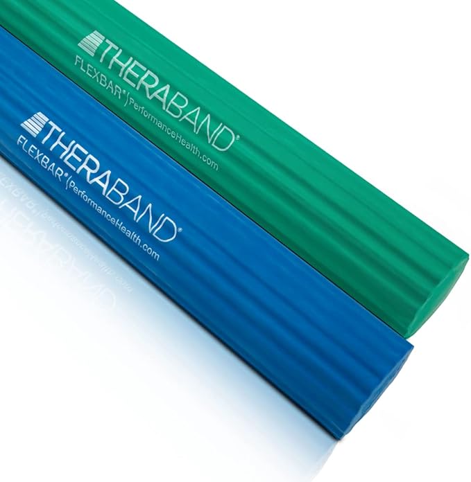 THERABAND FlexBar, Tennis Elbow Therapy Bar, Relieve Tendonitis Pain And Improve Grip Strength, Resistance Bar For Golfers Elbow And Tendinitis, Medium-Heavy, 2- Pack, GREEN/BLUE