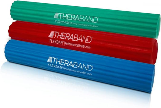 THERABAND FlexBar, Tennis Elbow Therapy Bar, Relieve Tendonitis Pain & Improve Grip Strength, Resistance Bar for Golfers Elbow & Tendinitis, 3 pack, Light-Medium-Heavy, RED/GREEN/BLUE