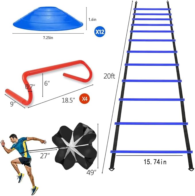 Speed & Agility Ladder Training Equipment Set 12 Rung 20ft Agility 4 Agility Hurdles,12 Disc 1 Resistance