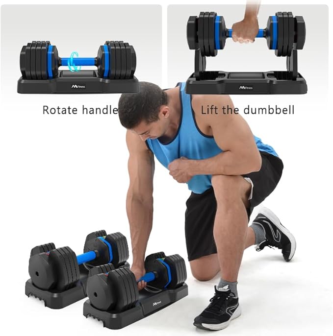 55lb x2 Adjustable Dumbbell Set - Pair of Dumbbells with Anti-Slip Handles, Weight Adjustment, Tray Included - Ideal for Full Body Workout, Home Gym, Strength Training