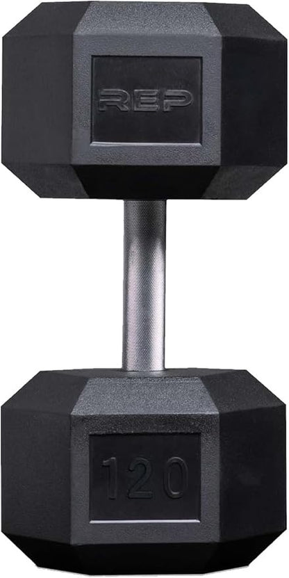 Rep Fitness Rubber Hex Dumbbell(s) - Singles (55LB +) and Pairs (5LB - 50LB) - Low Odor, Fully Knurled Handle