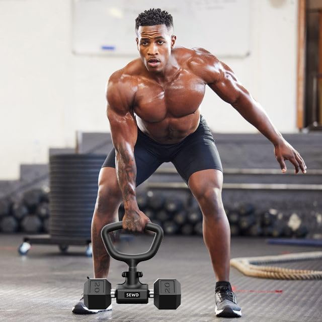 Dumbbell Kettlebell Converter by SEWD – Convert Dumbbells into Kettlebell for Home Gym Fitness – Adjustable Weights & Up to 220LB Capacity Kettlebell Handle for Weight Lifting, 90-Degree Rotating Handle.