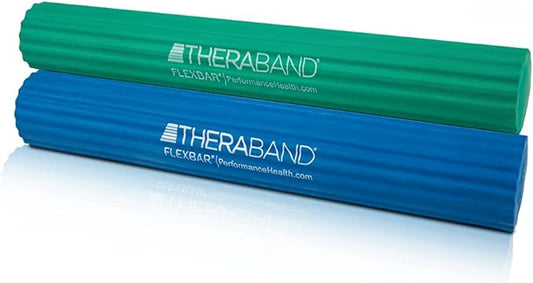 THERABAND FlexBar, Tennis Elbow Therapy Bar, Relieve Tendonitis Pain And Improve Grip Strength, Resistance Bar For Golfers Elbow And Tendinitis, Medium-Heavy, 2- Pack, GREEN/BLUE