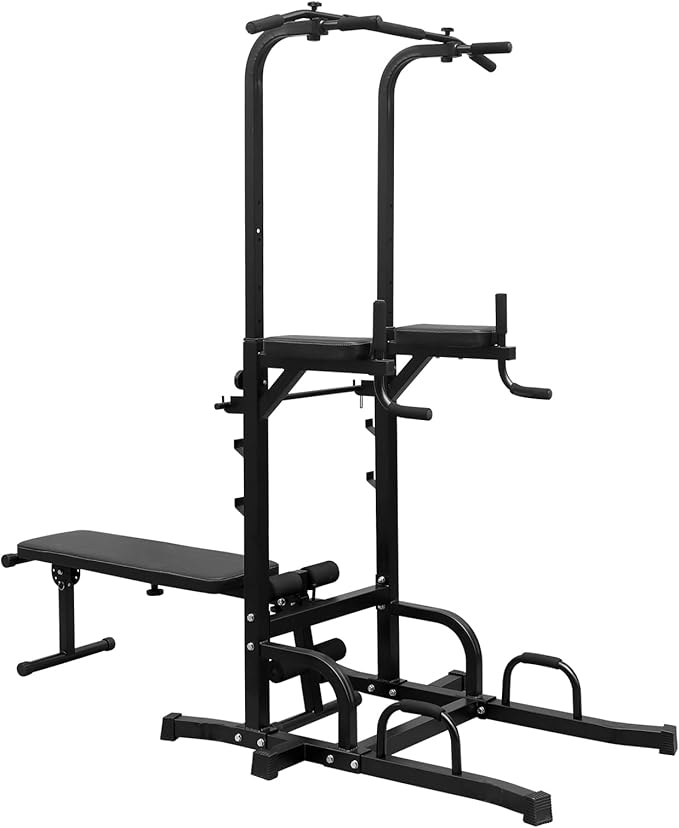 Power Tower with Bench, Pull Up Bar Dip Station with Adjustable Height, Training Workout Equipment, Foldable Heavy Duty Full Body Strength Training Power Tower