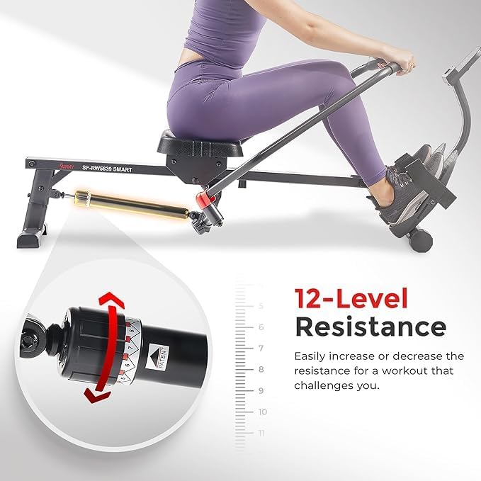 Sunny Health & Fitness Smart Compact Full Motion Rowing Machine, Full-Body Workout, Low-Impact, Extra-Long Rail, 350 LB Weight Capacity and Optional SunnyFit® App Enhanced Connectivity