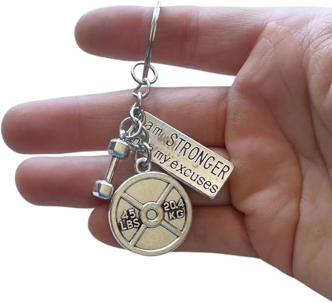 45 Lbs Weightlifting plate + Small Dumbbell + Motivational tag (No excuses, Beast, Mind Over Matter, etc) Silver Keychain.