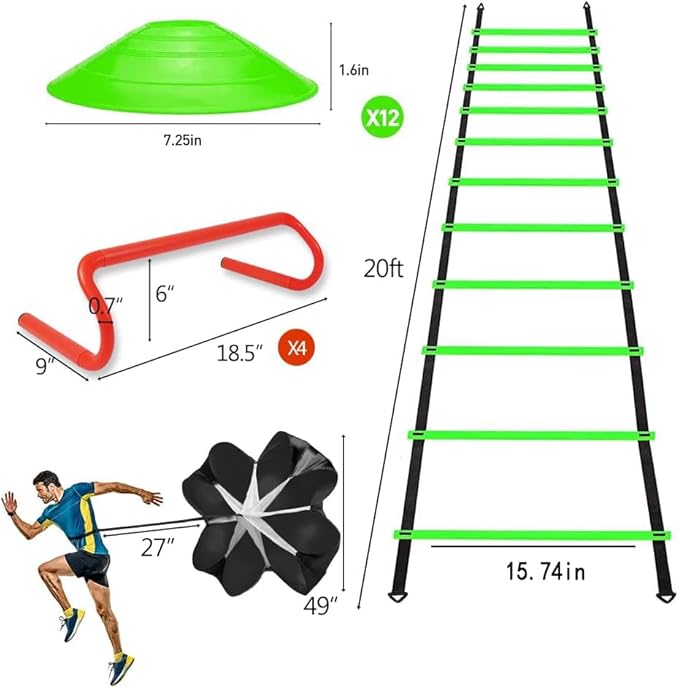 Speed & Agility Ladder Training Equipment Set 12 Rung 20ft Agility 4 Agility Hurdles,12 Disc 1 Resistance