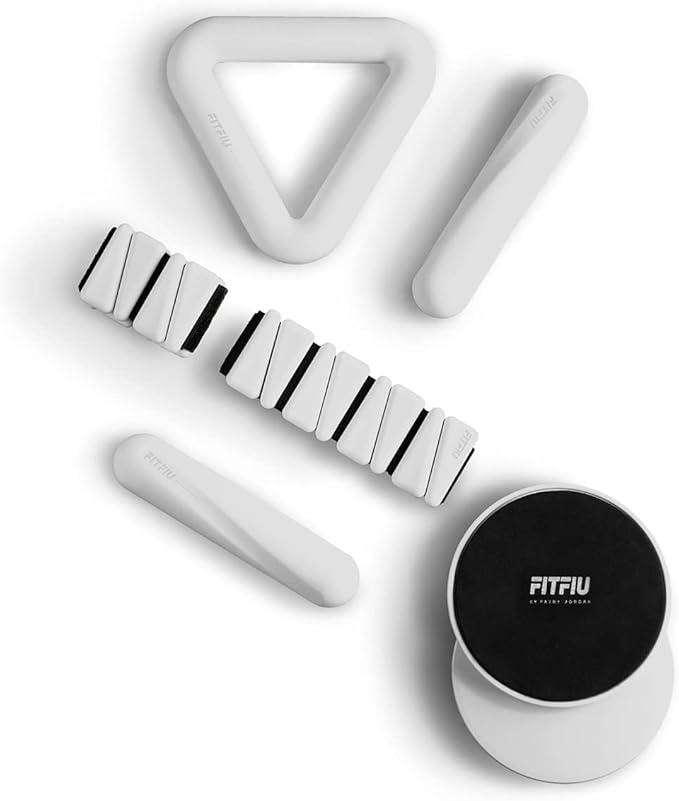 Fitness Pack of 4 Pilates Accessories: 1 Weights 2 Wristbands 2 Dumbbells 2 Dumbbells 2 Sliding Discs 1 Steel Elastic Band in White Silicone