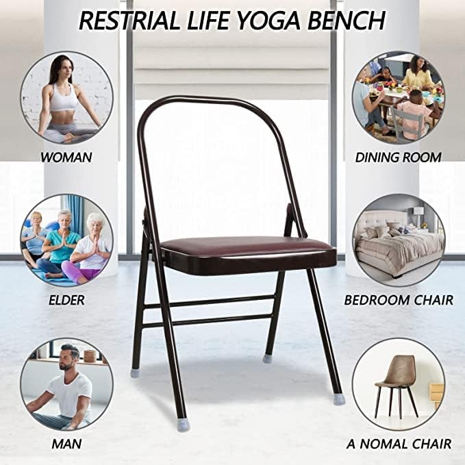 Yoga Auxiliary Chair Portable Folding Yoga Chair with Non-Slip Feet Covers for Flexibility and Strength Training with Resistance Belt, Brown