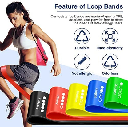 60 Pcs Workout Loop Resistance Bands Bulk, Gym Elastic Bands Set for Fitness Sport Class Students Members Gift Physical, 5 Pieces Each Set, with Large Drawstring Backpack Bags