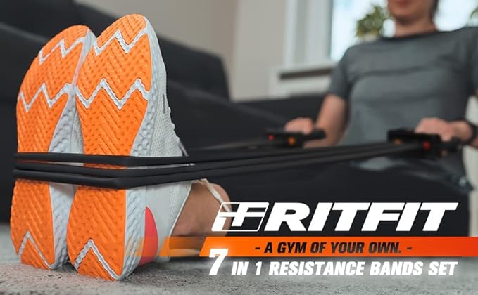 RitFit Single Resistance Exercise Band with Comfortable Handles - Ideal for Physical Therapy, Strength Training, Muscle Toning - Door Anchor and Starter Guide Included