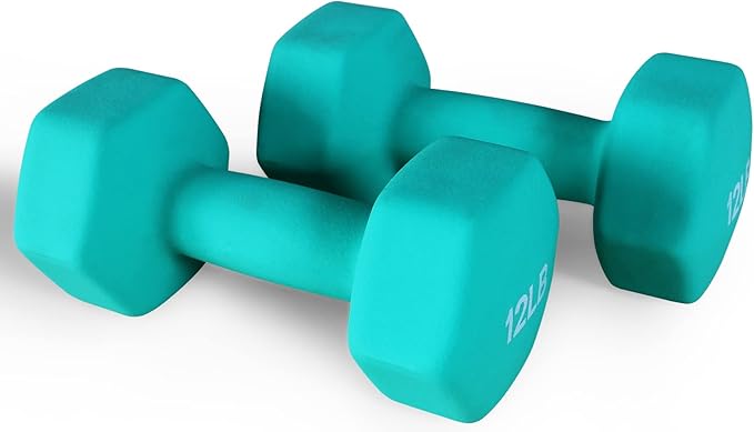 Signature Fitness Neoprene Dumbbell Hand Weights, Anti-Slip, Anti-roll, Hex Shape Colorful, Pair or Set with Stand