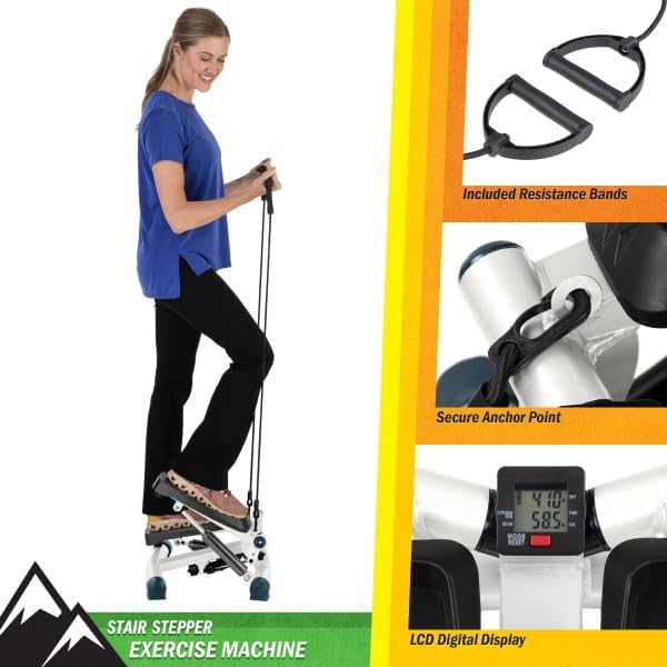 Stair Stepper - Portable Stair Climber Exercise Machine with LCD Monitor and Resistance Bands - Home Gym Workout Equipment by Wakeman, White/Gray