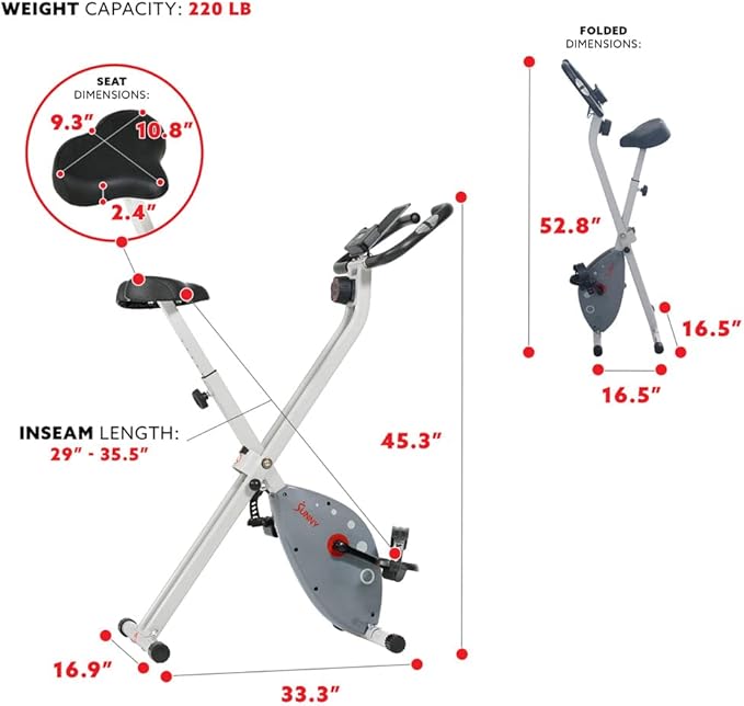 Sunny Health & Fitness Foldable Magnetic Exercise Bike, Portable Compact X-Bike for indoor cycling workout, XL Ultra Cushioned Seat for Comfort, Cardio Training Machine for Home Gym