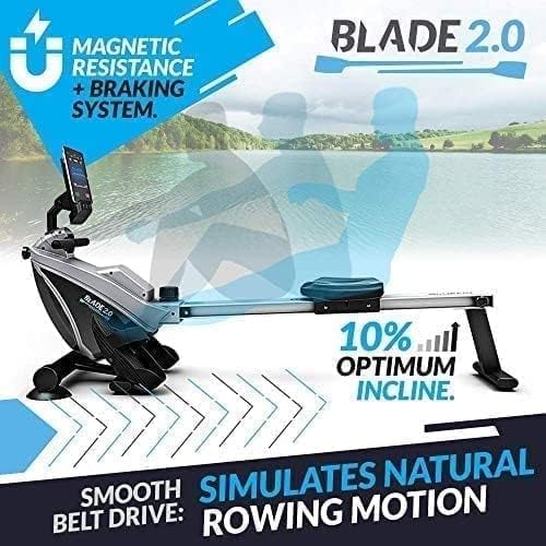 Bluefin Fitness Rower Machine Blade Home Gym Foldable | Magnetic Resistance Rower | 8 x Tension Levels | Smooth Belt Drive | LCD Digital Fitness Console | Smartphone App | Black & Grey Silver