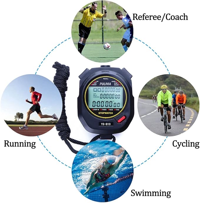 Sports Stopwatch Timer 10 Lap Split Memory Digital Stopwatch, Countdown Timer Pace Mode 12/24 Hour Clock Calendar with Alarm, 3 Rows Display Large Screen Water Resistant Battery Included