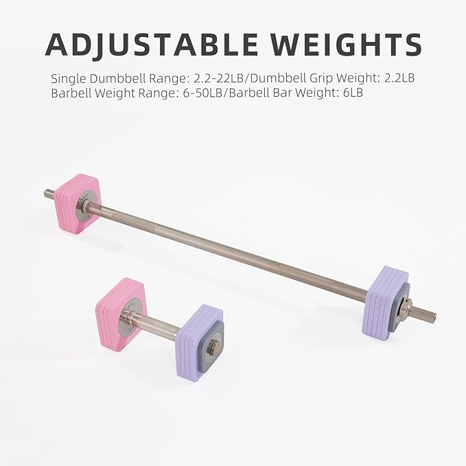 DHT Adjustable Dumbbells, Dumbbell Barbell Sets with Rack, Free Weights Dumbbells Set All-Purpose Fitness, Anti-Rolling, Weights Set for Home, Gym, Office, Wall-Mounted, 2.2-50 lbs, 1 Set / 2 in 1