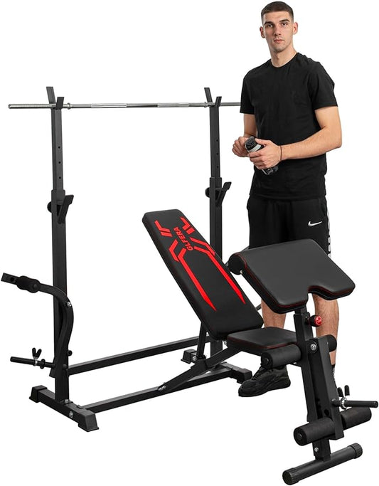 6-in-1 880lbs Weight Bench Set with Squat Rack, Adjustable Workout Bench for Full Body Strength Training, Bench Press with Barbell Rack Leg Developer Preacher Curl, Incline Decline Bench for