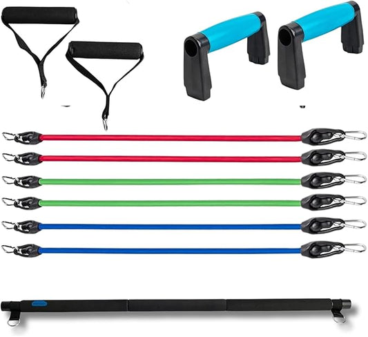 BlueClouds Push Up Board and Pilates Bar Kit - Color Coded Foldable Pushup Board Fitness Tool - Reinforced Aluminum Resistance Band Bar - At Home Gym Accessories for Men and Women - Portable Gym